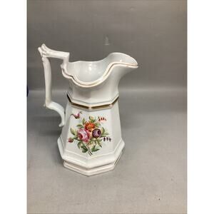 Antique Superior White Granite W. Adam’s & Sons Porcelain Floral Pitcher